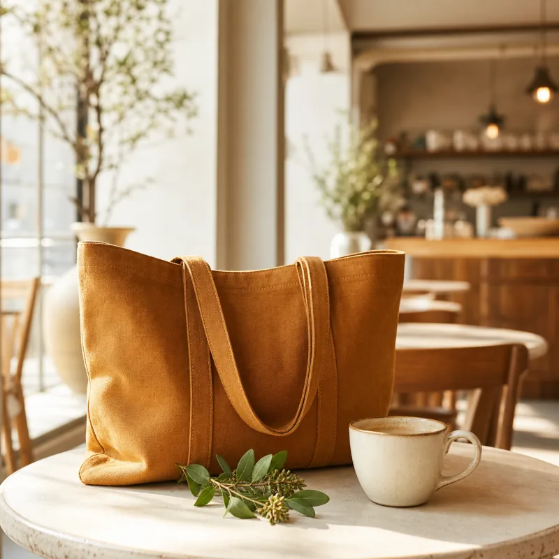 Amber tote bag, coffee cup, and greenery on a sunlit café table